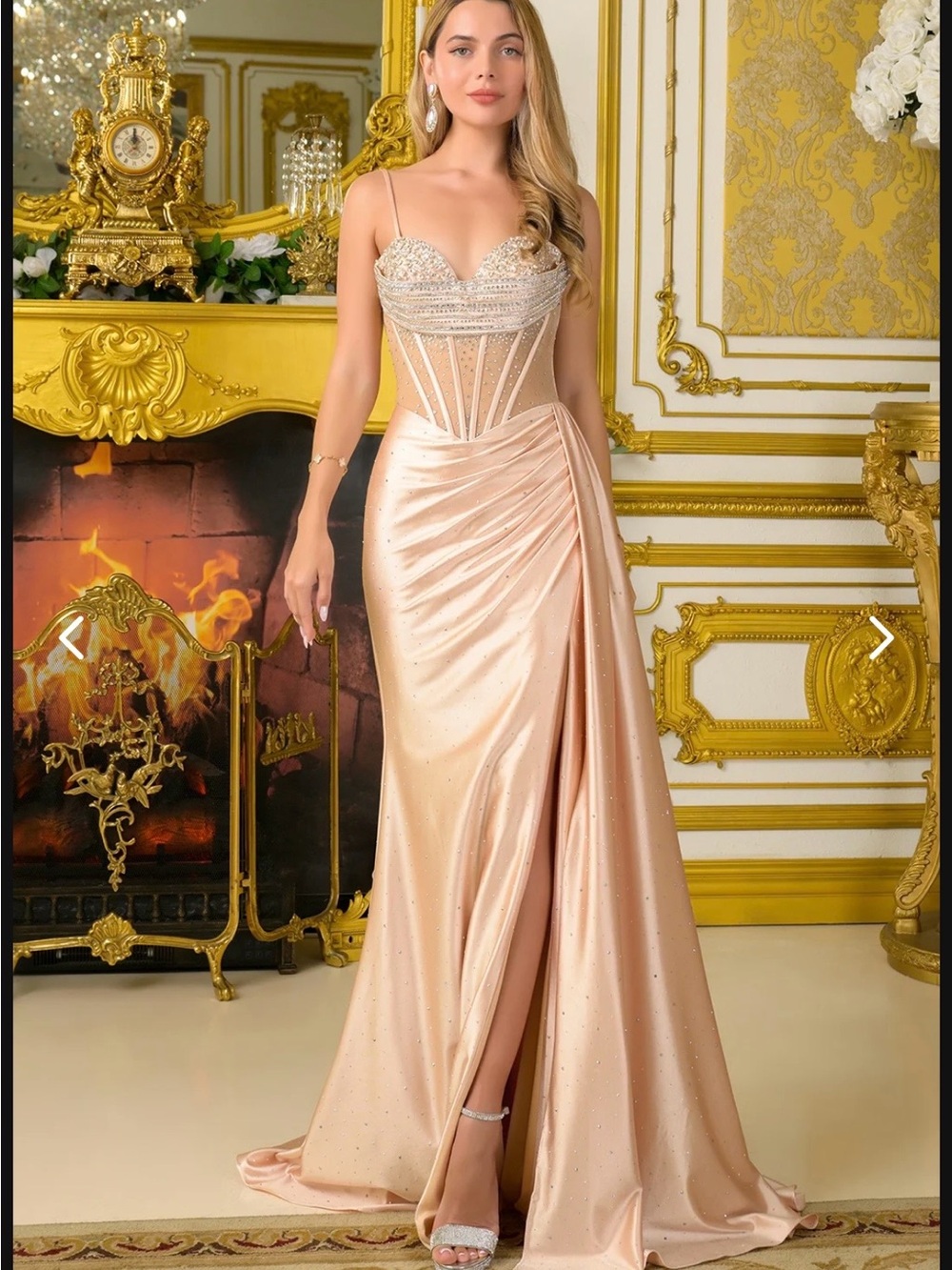 GLE Embellished Champagne Evening Gown with Sheer Corset